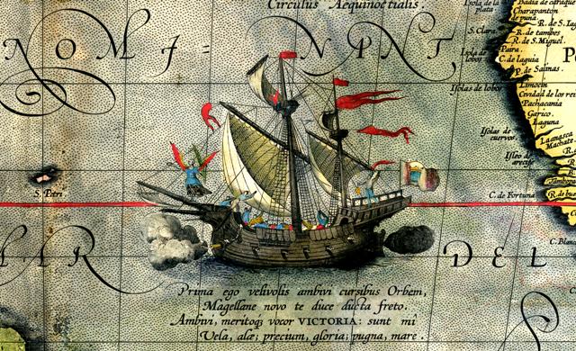 Detail from a map of Orteliммвus Magellans ship Victoria